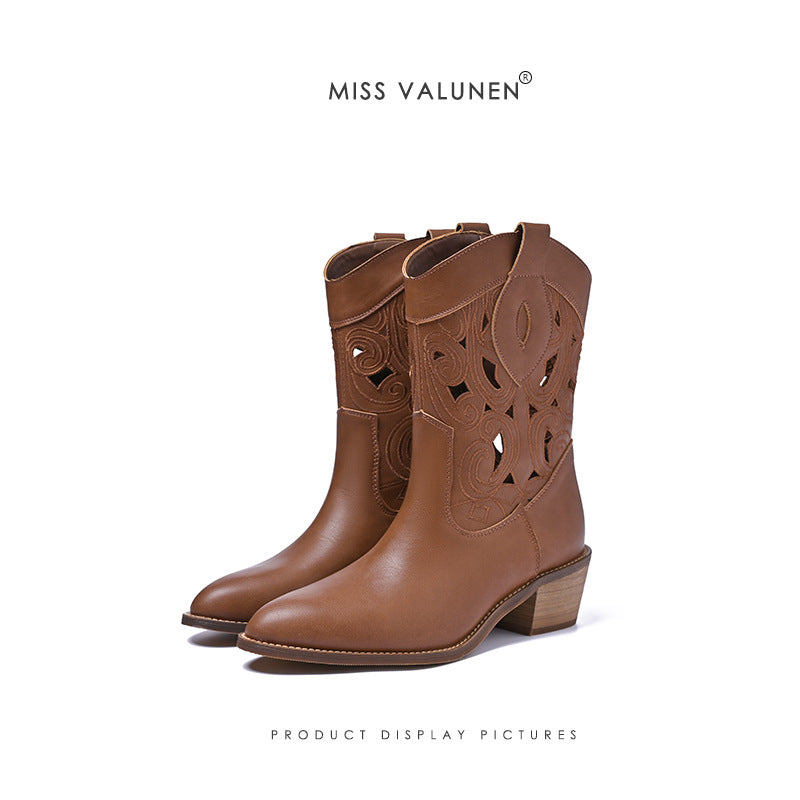 Women's Miss Warren Summer Hollow Out Western Cowboy Vintage Women's Leather Boots