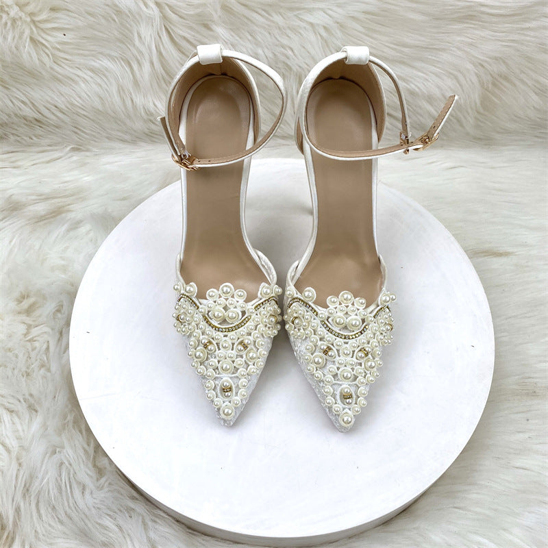 Women's Pointed Toe Cap Rhinestone Lace Buckle High Heeled Sandals