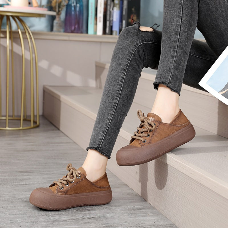 Spring Big Head First Layer Cowhide Casual Shoes