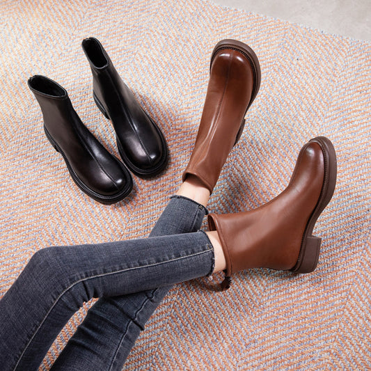 Women's Layer Cowhide Short Rear Zipper Martin Boots
