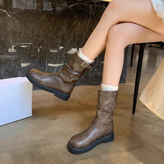 Grape Mom Retro Ankle Korean Style Pleated Boots