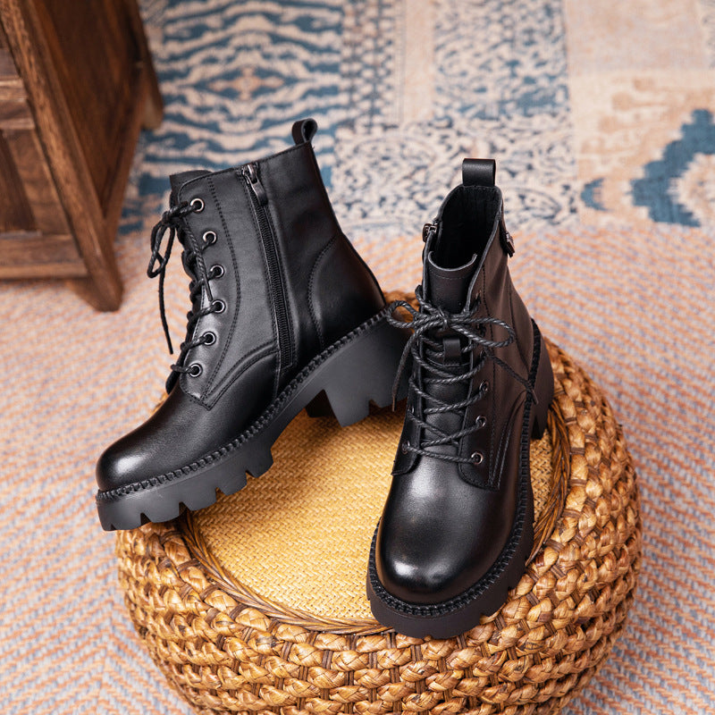 Women's Cowhide Autumn Flat Ankle Retro Round Toe Martin Boots