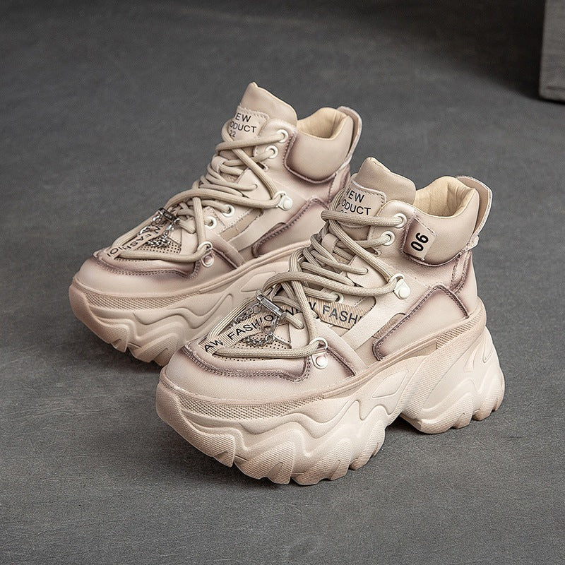 Women's First Layer Cowhide Retro Platform Elevator Boots