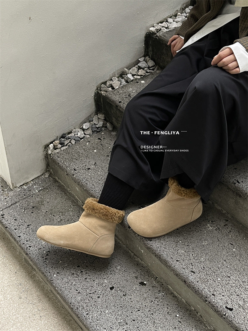 Women's Flat Retro Winter Booties Fleece-lined Warm Ugly Boots