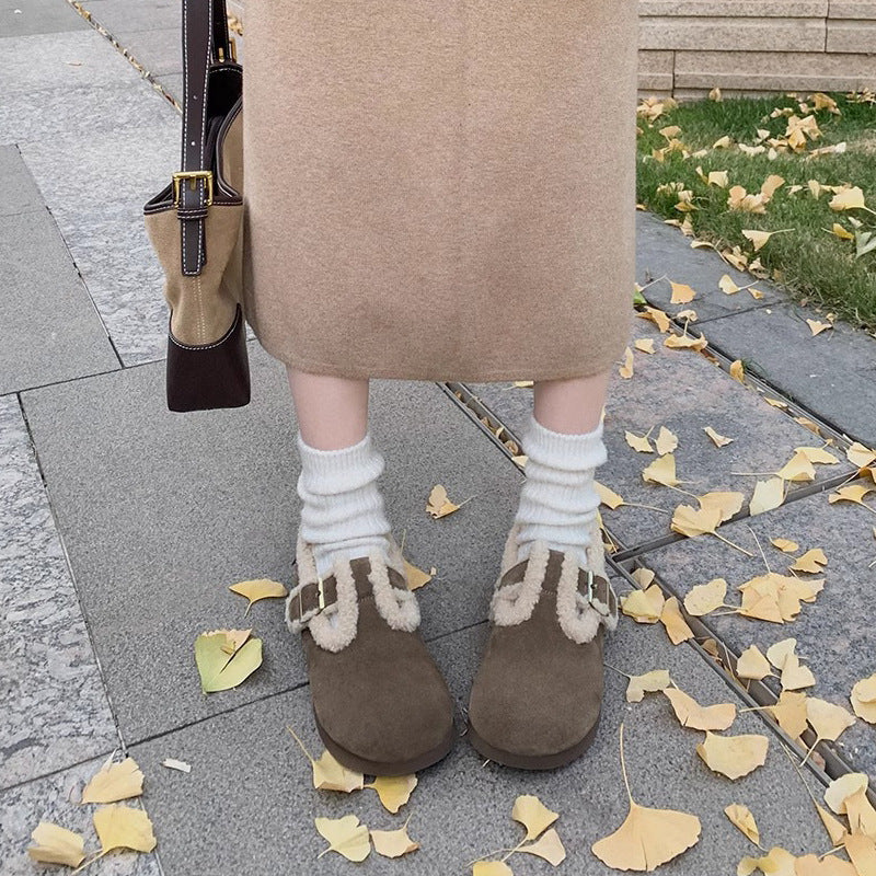 Women's Cowhide Version Fleece-lined Winter Mori Style Retro Round Women's Shoes