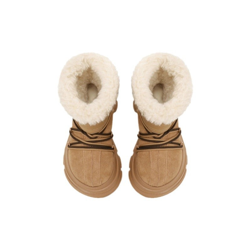 Thermal Middle Tube Strap Waterproof Cowhide Snow Boots
