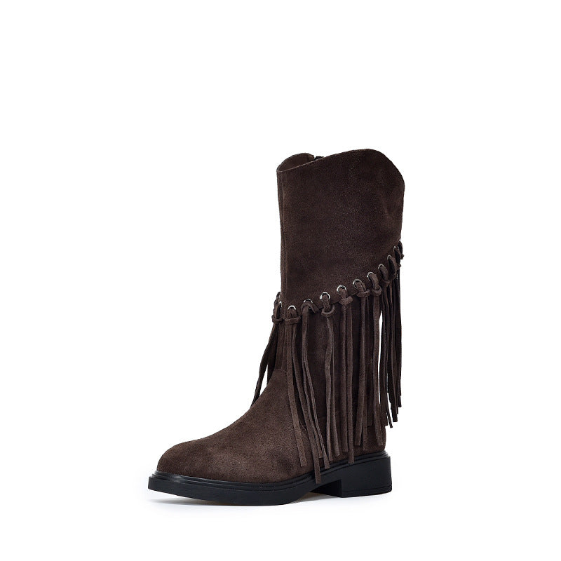 Mid Retro Western Denim Cotton Genuine Martin Fashion Women's Leather Boots