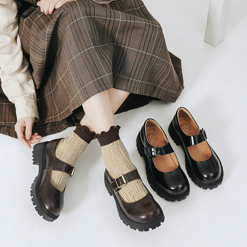 Women's College Style Uniform Pumps Thick Bottom Leather Shoes