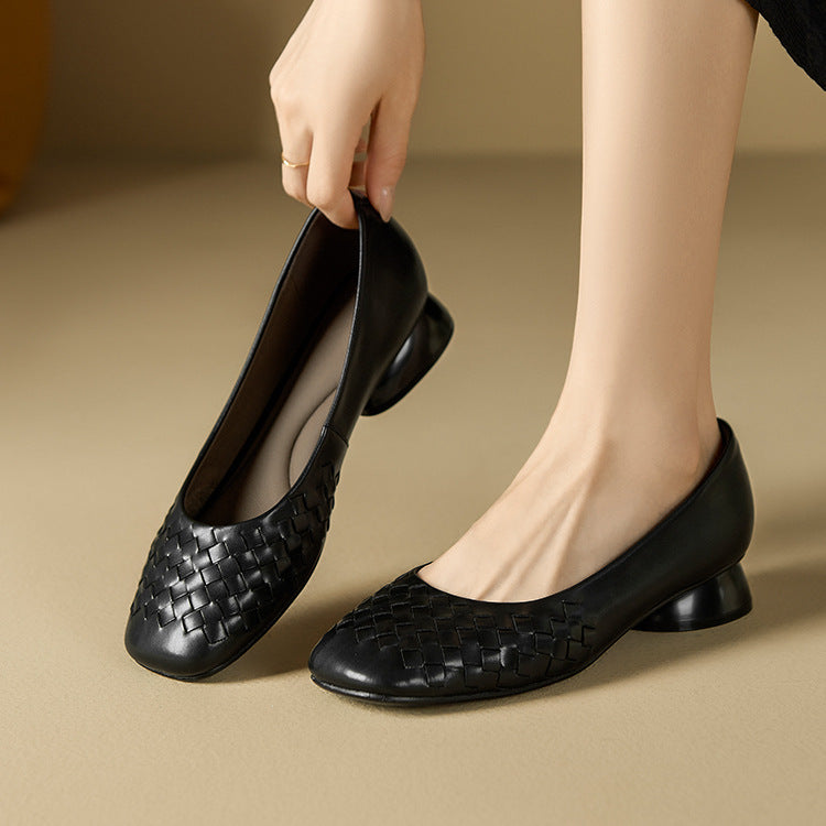 Women's Calf Skin Horseshoe Low Square Toe Soft Bottom Woven Women's Shoes