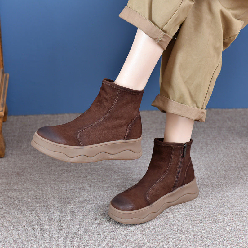 Women's Layer Cowhide Vintage Soft Bottom Fleece-lined Boots