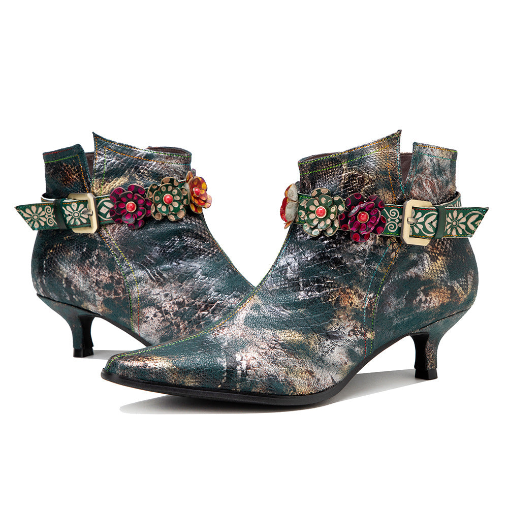 Women's Pattern Flower Beads Belt Buckle Low Boots