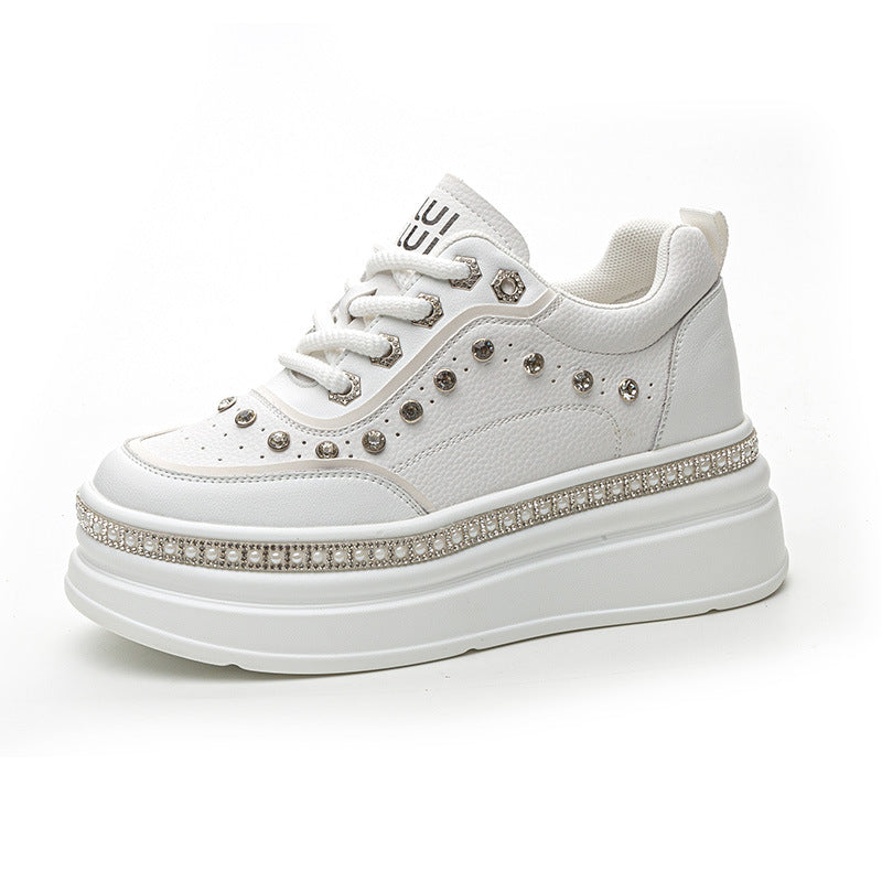 Thick Bottom White Platform Small Rhinestone Pearl Genuine Casual Shoes