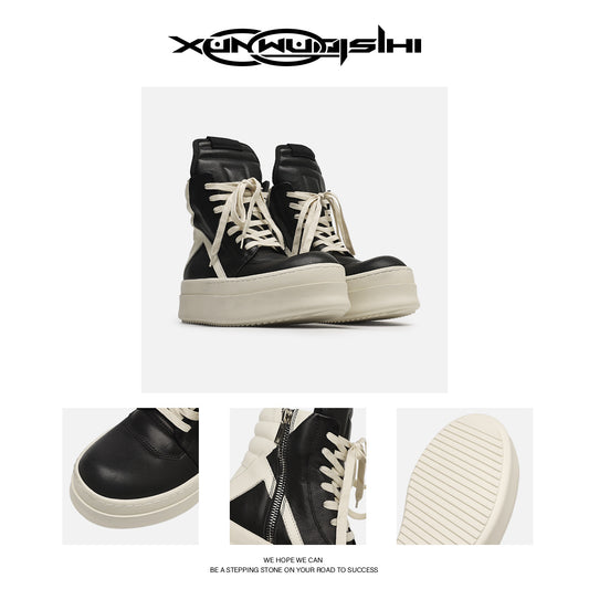 Men's Triangle Platform Black White Fashion Genuine Dark Boots