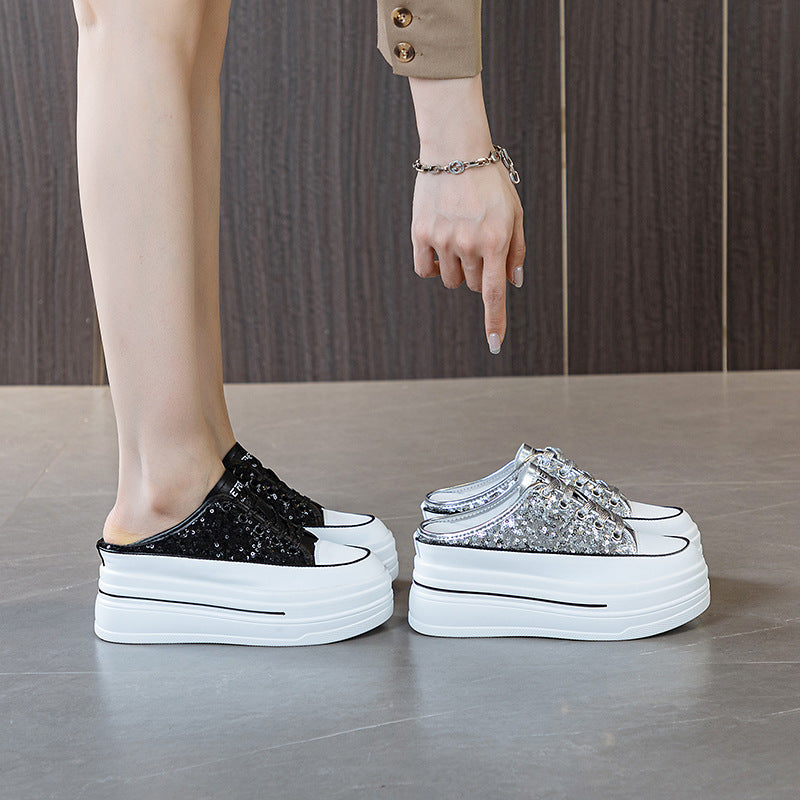 Women's Insole Closed Toe Half For Spring Sequin Platform Slippers