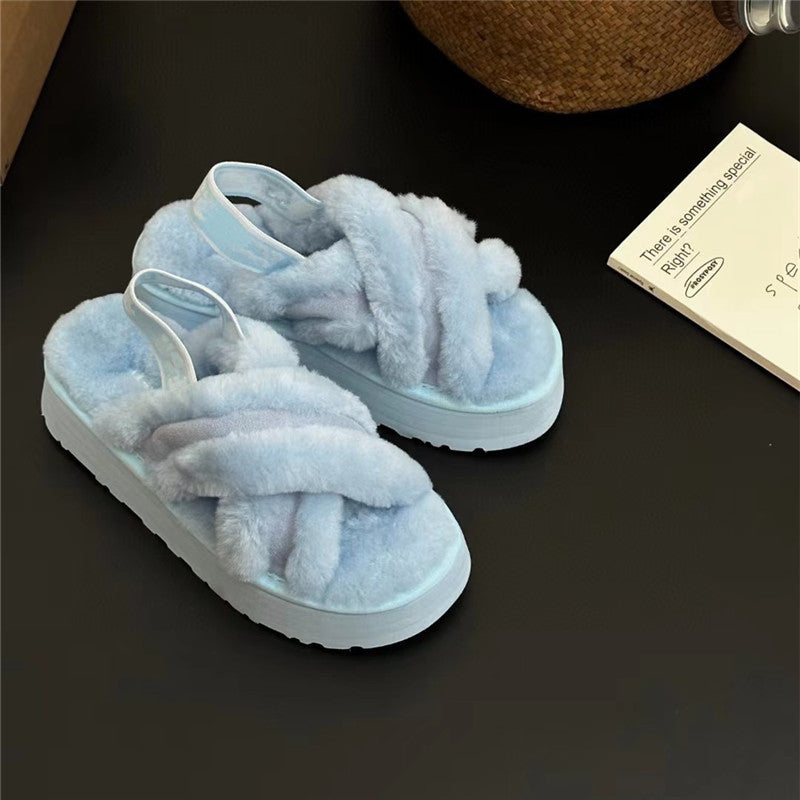Village Sheepskin Fur Integrated Cross Muffin Slippers