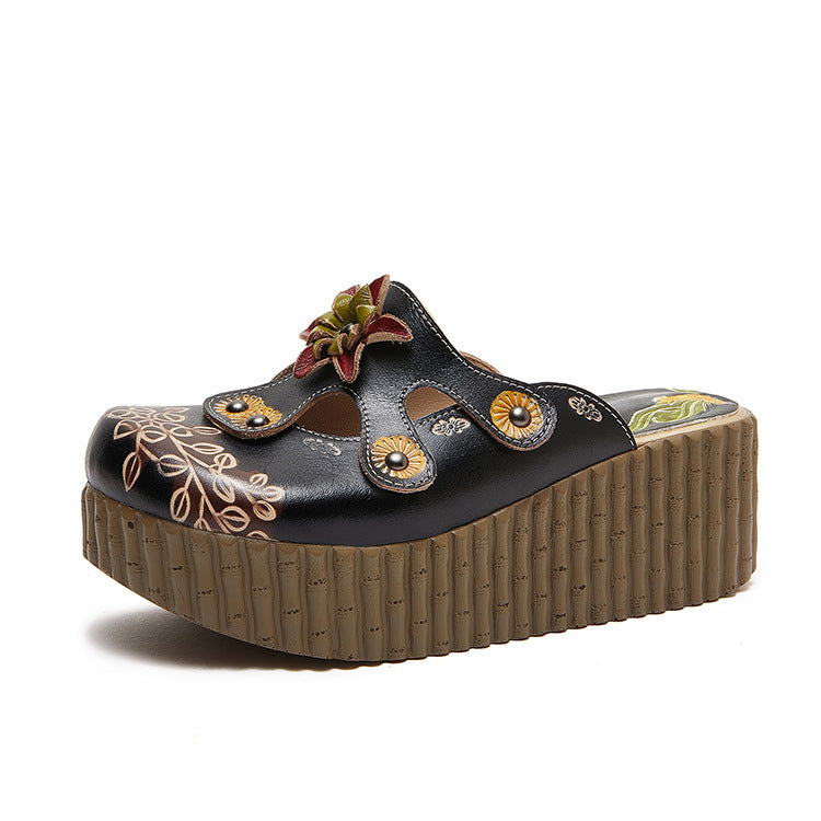 Women's Summer Flower Genuine Ethnic Style Height Increasing Sandals