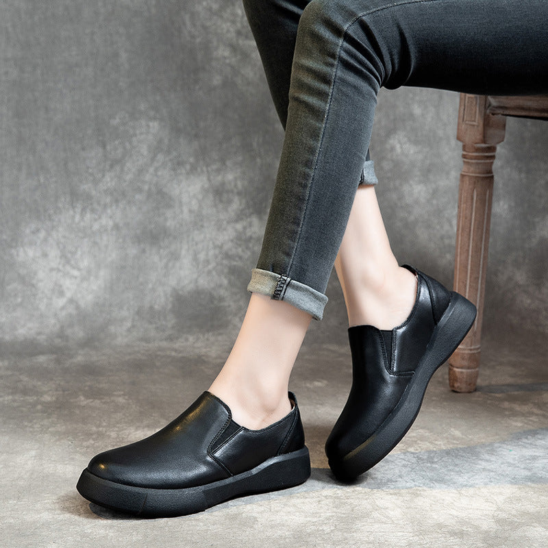 Women's First Layer Cowhide Pumps Round Toe Casual Shoes