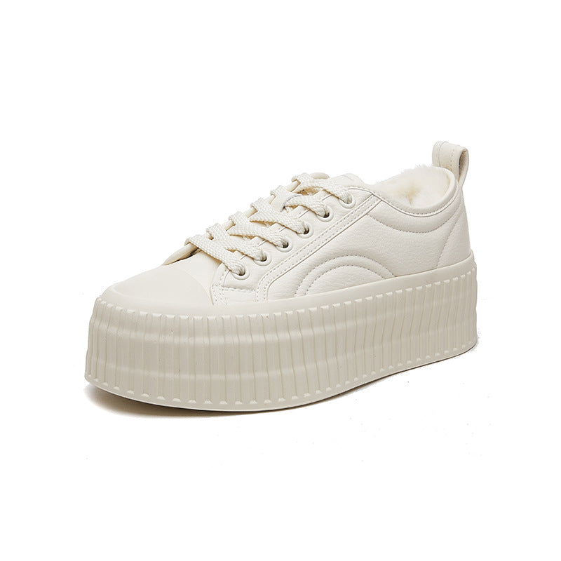 Women's Platform Biscuit Shape Fleece-lined White Sneakers