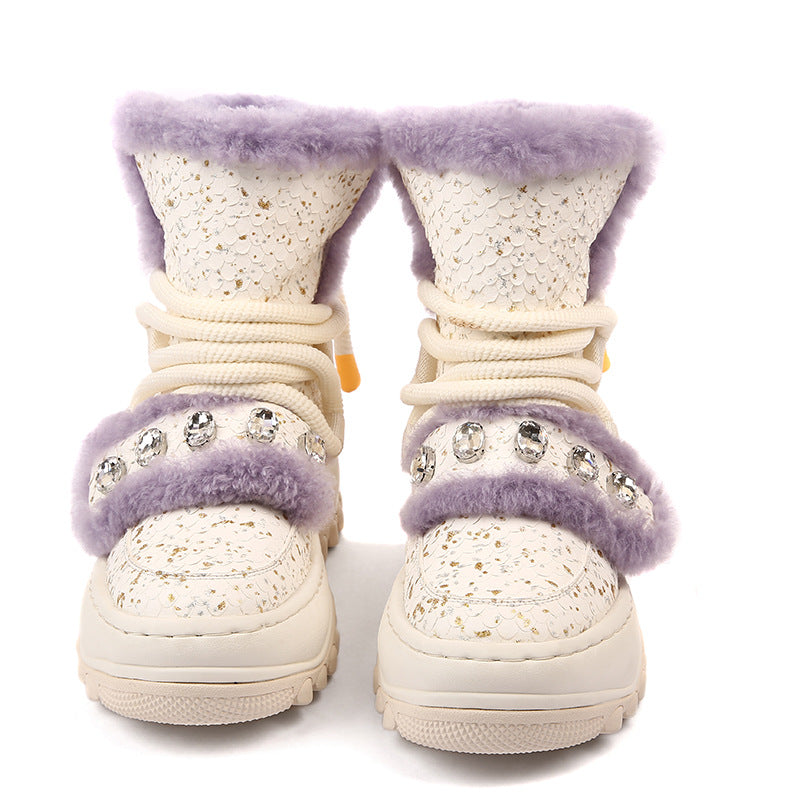 Women's Winter Short Fur Integrated Fleece-lined Thickening Thermal Snow Boots