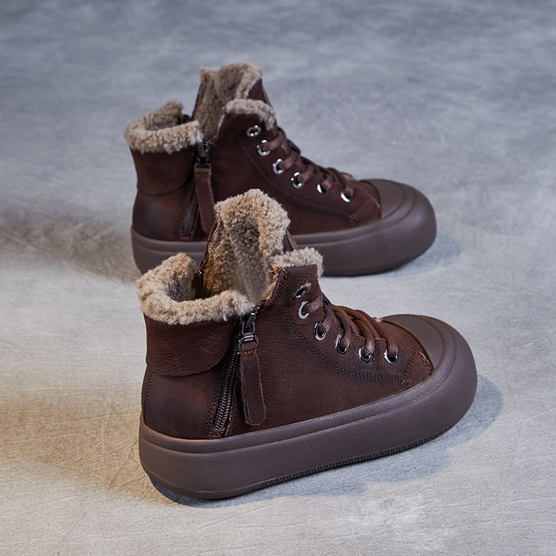Women's First Layer Cowhide Vintage Double Zipper Short Women's Shoes