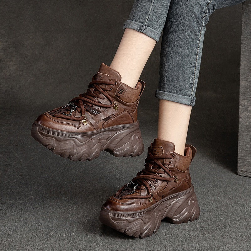 Women's First Layer Cowhide Retro Platform Elevator Boots