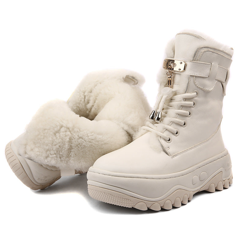 Women's Layer Cowhide Platform Fur Integrated Winter Thickened Boots