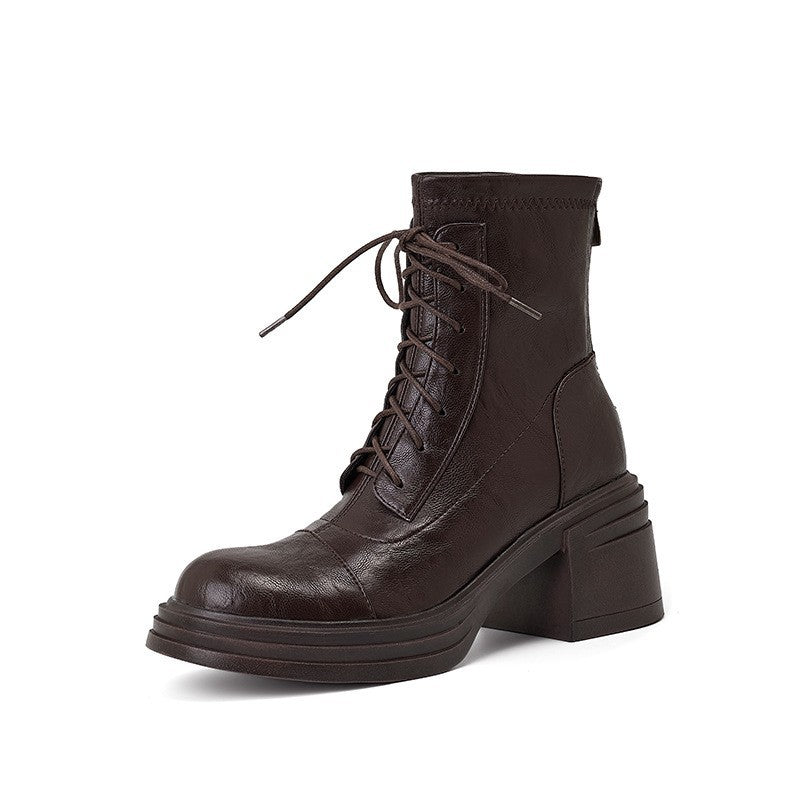 Women's Round Toe Soft Short For Winter Chunky High Stretch Thin Women's Leather Boots