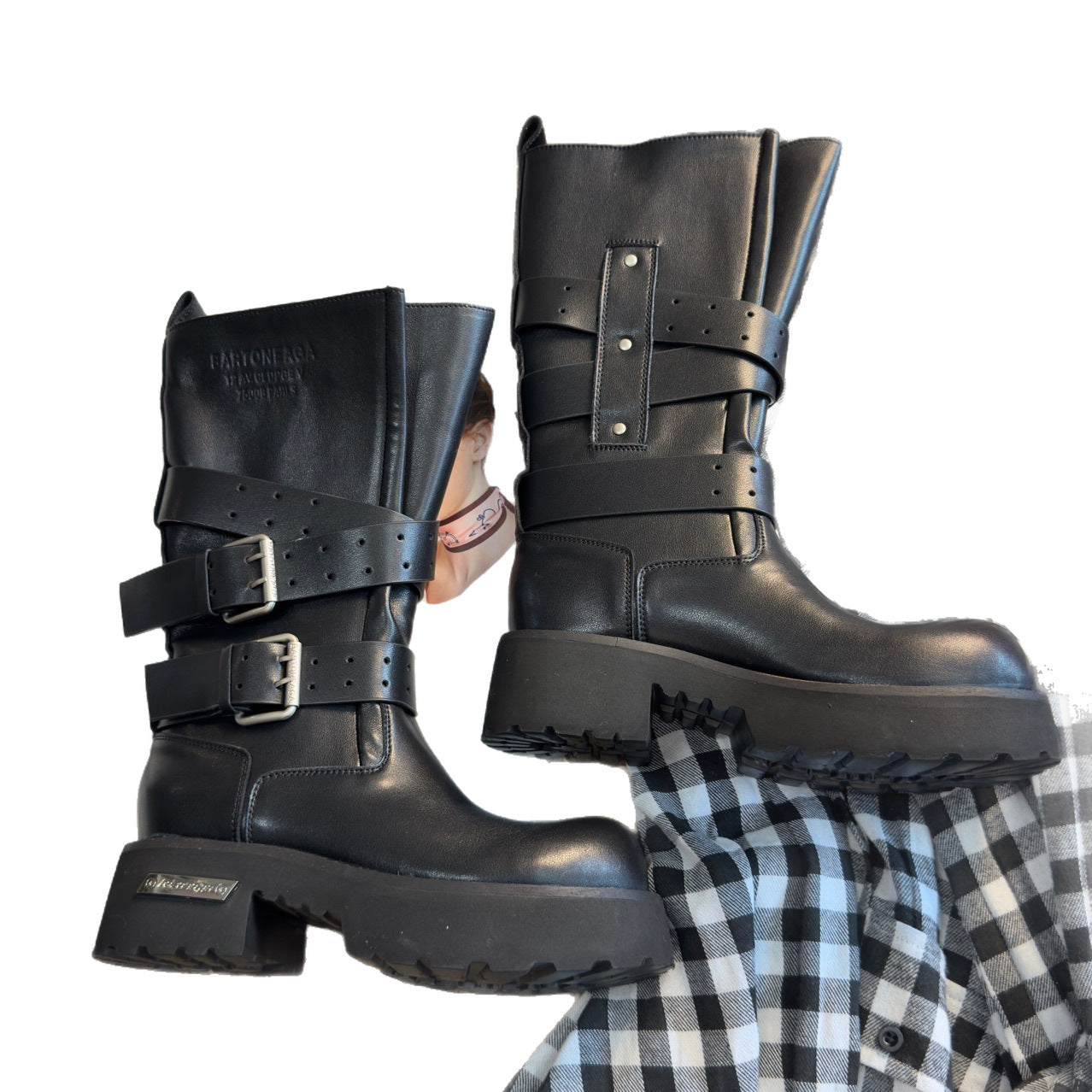 Belt Buckle Venom Big Tube Circumference Thick Bottom Height Increasing Women's Leather Boots
