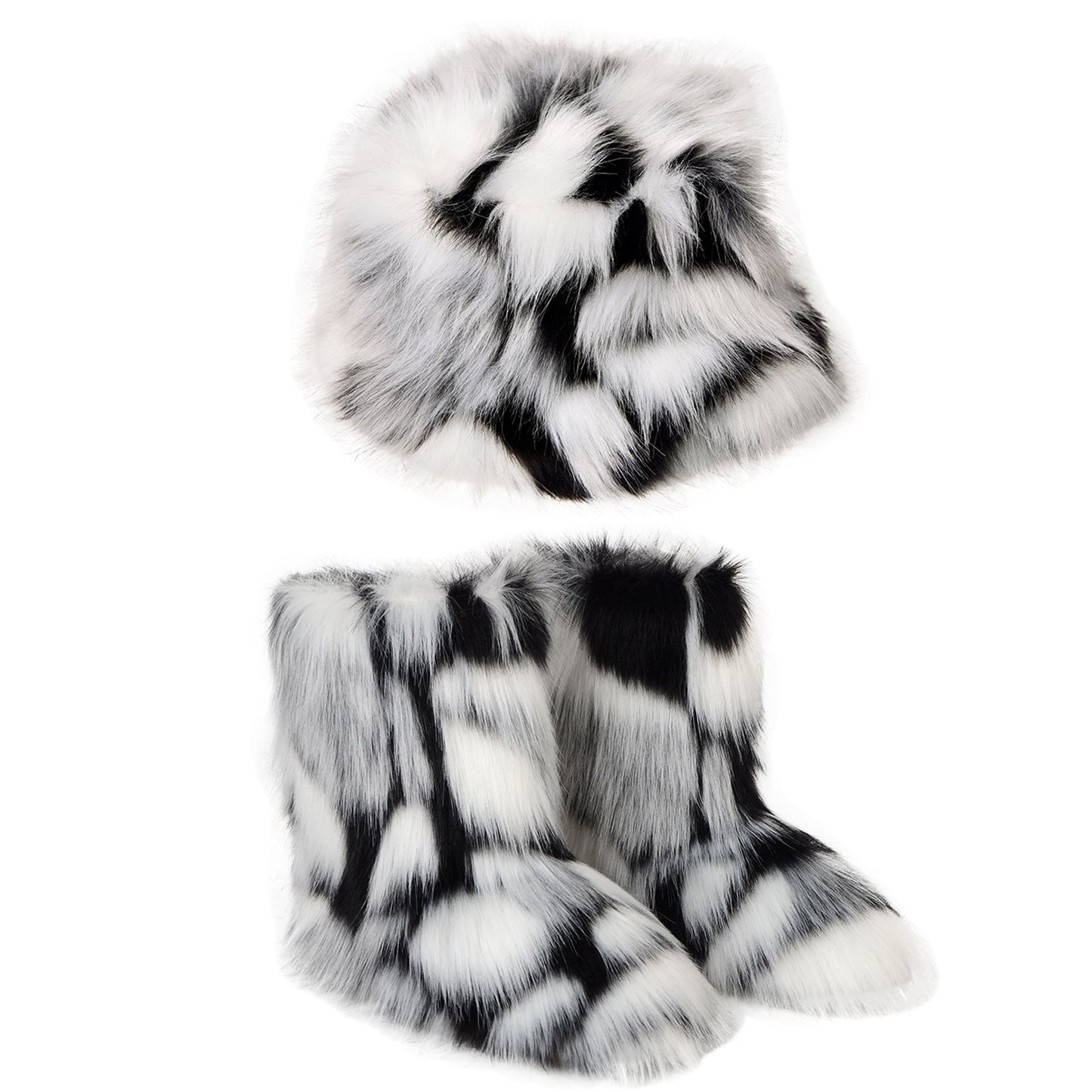 Women's Plush Suit Colorful Fur Bucket Hat Warm Snow Boots