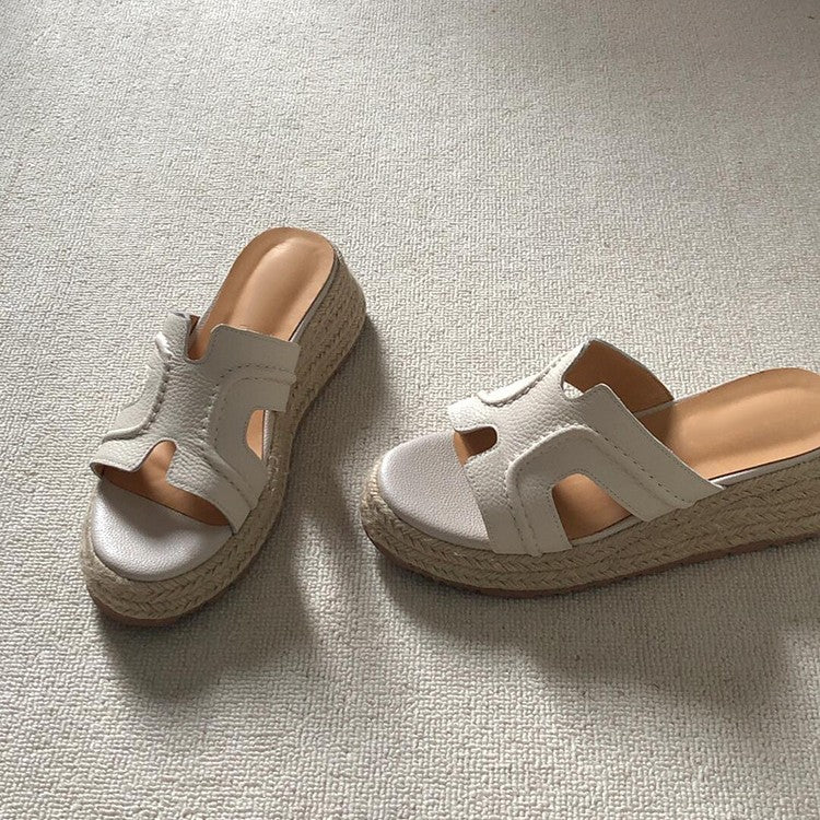 Women's Cowhide Version Straw Woven Platform Outdoor Slippers