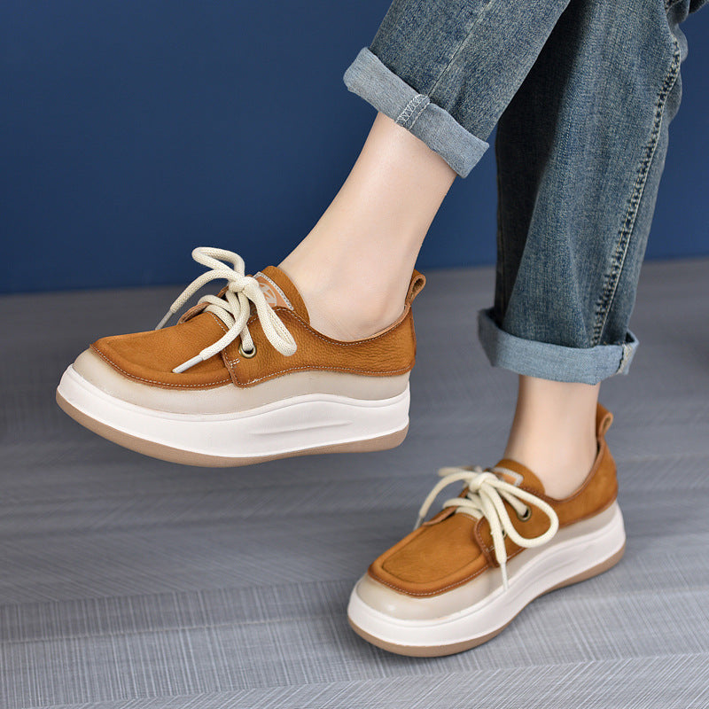 Women's First Layer Cowhide Vintage Skateboard Genuine Thick Bottom Soft Casual Shoes