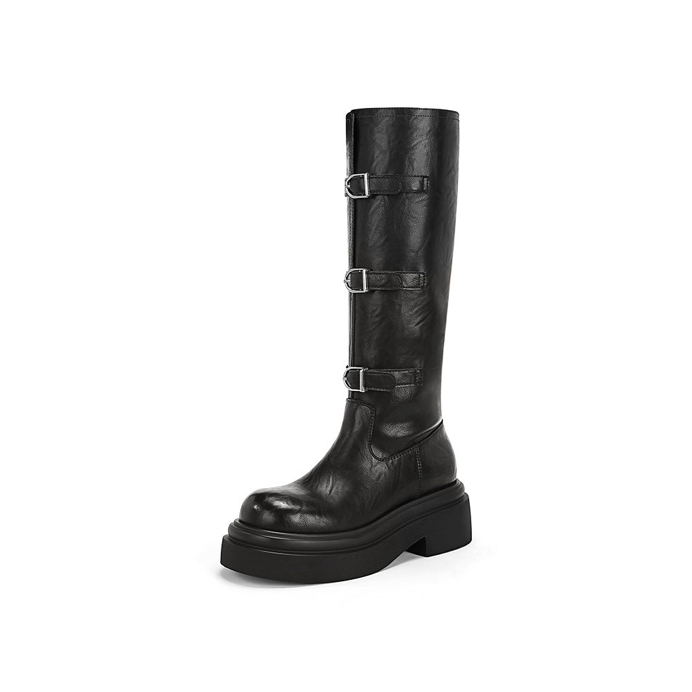 Women's Button Thick Bottom Motorcycle Tube Fleece Boots