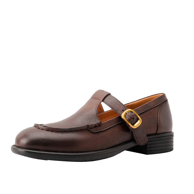 Women's Style Round Head Chunky Versatile College Shape With Pumps Retro Leather Shoes
