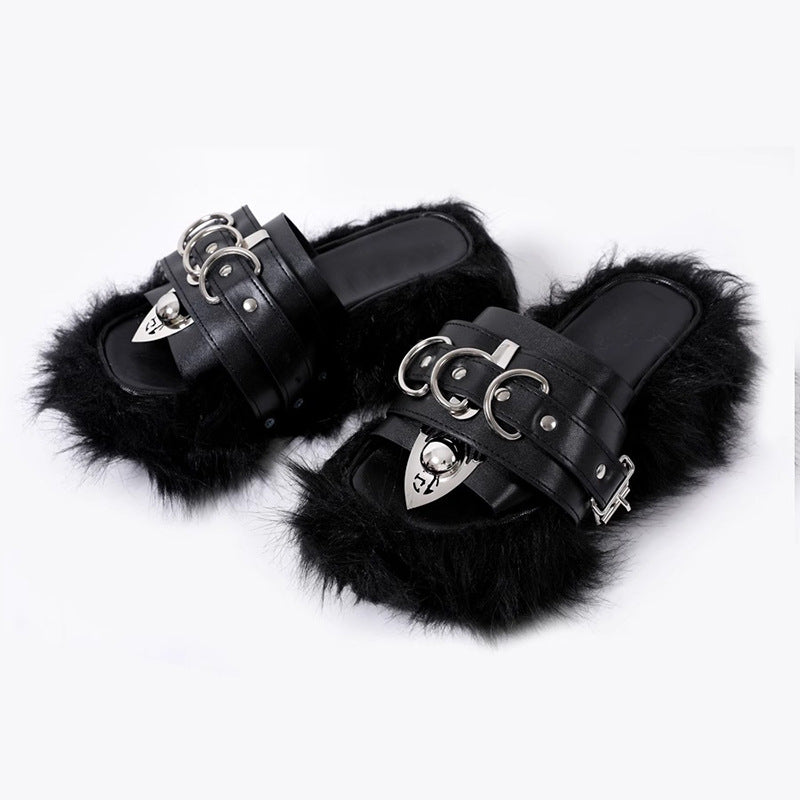 Women's Outdoor Summer Metal Punk Asian Culture Fur Slippers