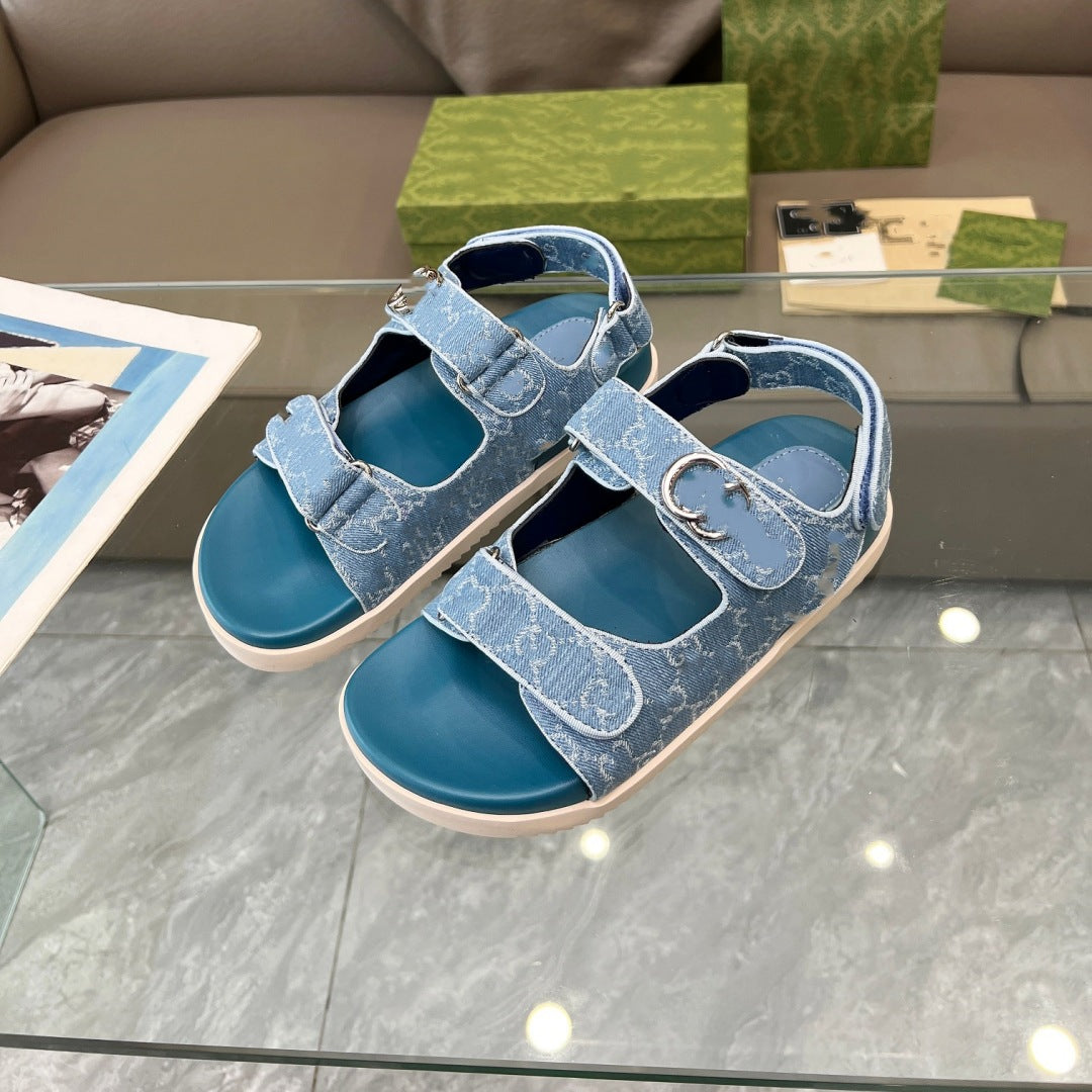 Women's Embroidered Printed Thick Bottom Velcro Summer Couple Sandals