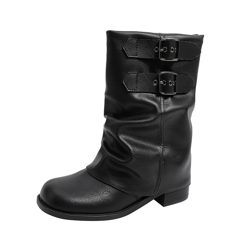 Women's Summer Western Cowboy Pleated Pile Style Black Round Retro Chunky Women's Leather Boots