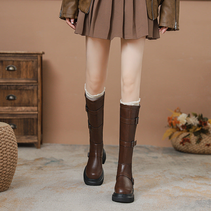 Women's Brown Small Hidden Platform Versatile Knee-high Below Boots