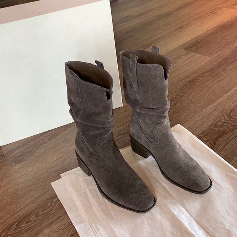 Women's Grape Mom Height Increasing Korean Round Toe V Cut Thick Women's Leather Boots