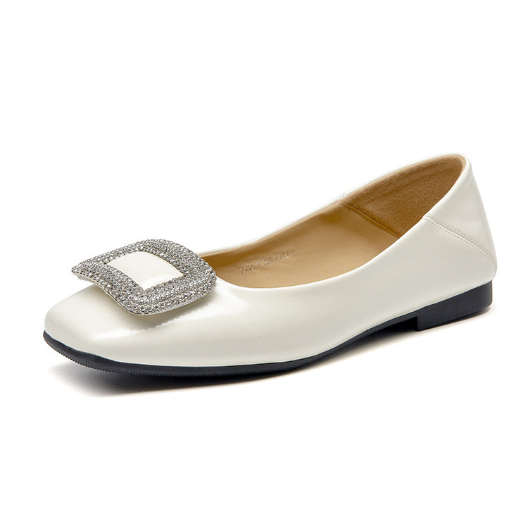 Women's Sheepskin Rhinestone Square Buckle Temperament Commute Leather Shoes