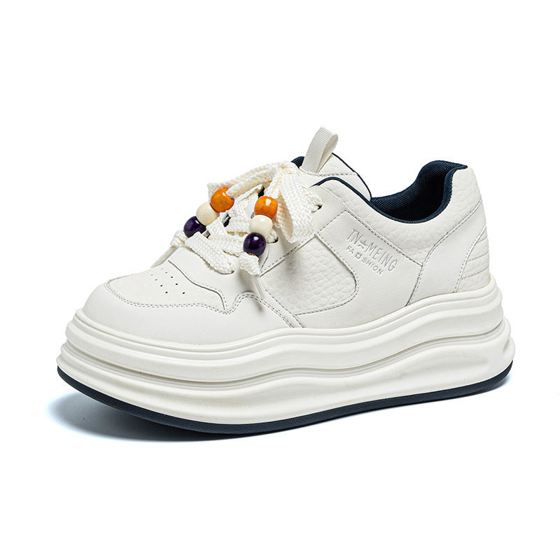 Women's Platform White Round Toe Lace Up Heightened Small Skate Sneakers