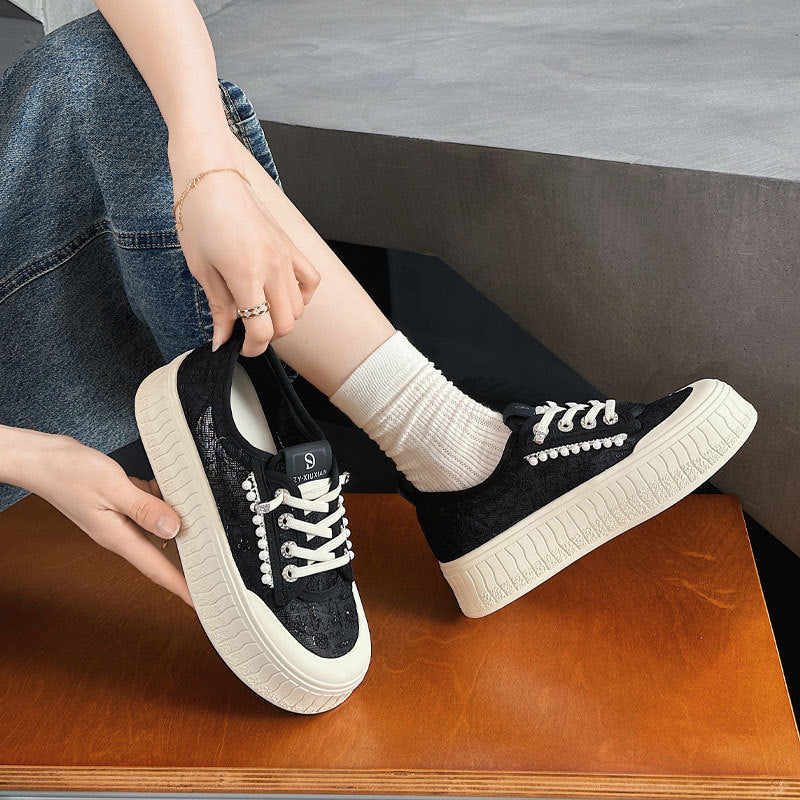Women's Genuine Platform Pearl Biscuit White Fashionable Soft Women's Casual Shoes