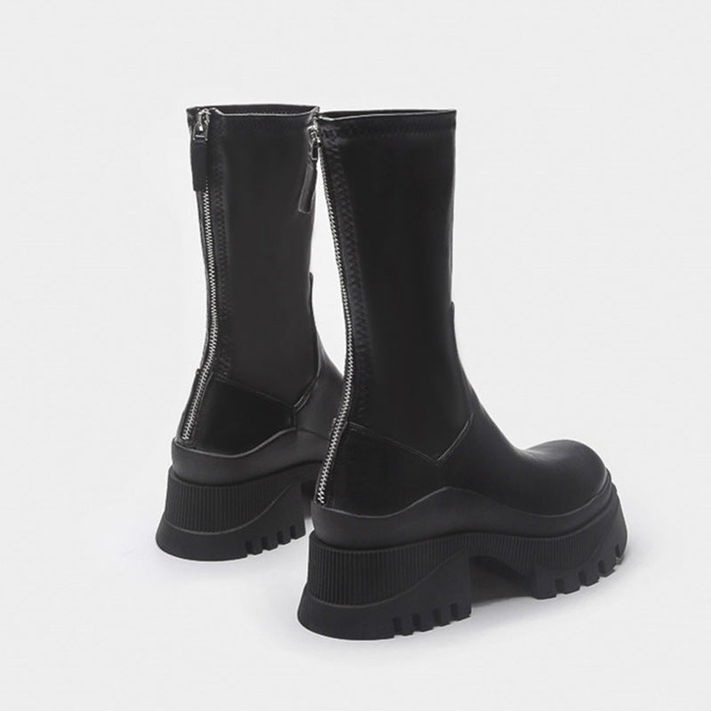 Women's Style Round Toe Martin Mid Chunky Chelsea Thin Knight Short Women's Leather Boots