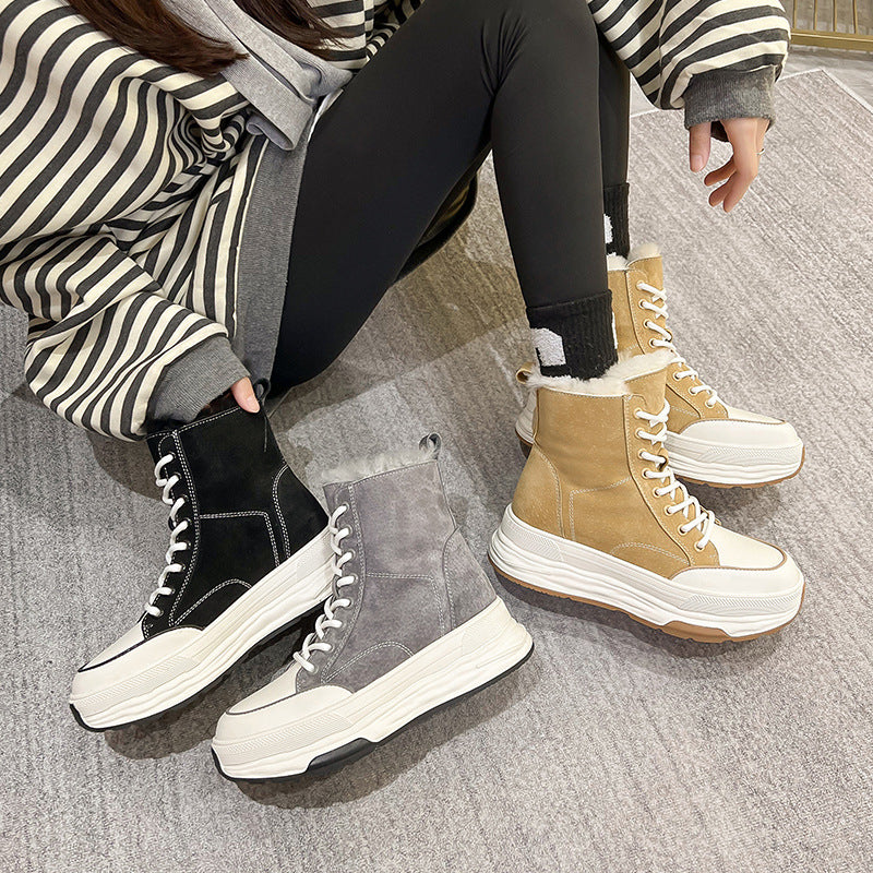 Women's Fur Integrated Fleece-lined Warm Slugged Bottom Northeast Snow Boots