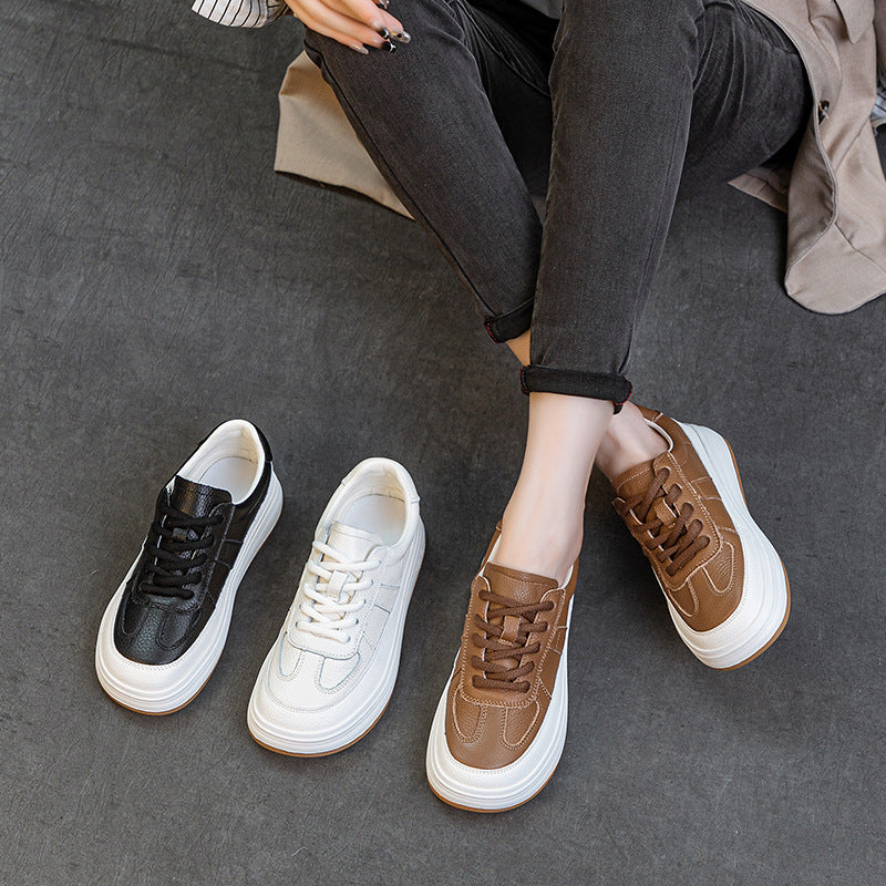 Women's Cowhide Flat White Soft Bottom Surface Breathable Single Casual Shoes