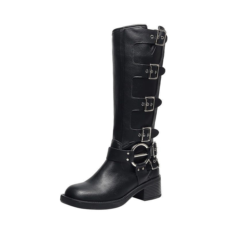 Women's Buckle Chunky Martin Below The Knee British Style Plus Boots