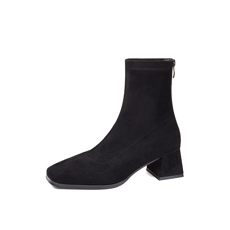 Women's Korean Elegant Square Toe High Skinny Stretch Women's Leather Boots