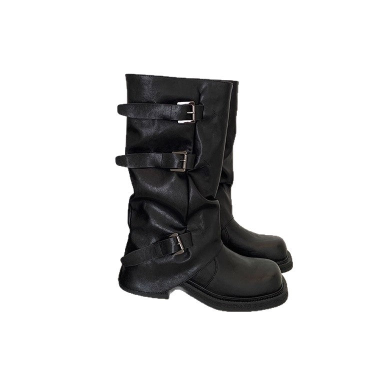 Cowhide Version Height Increasing Fashionable Belt Buckle Women's Leather Boots