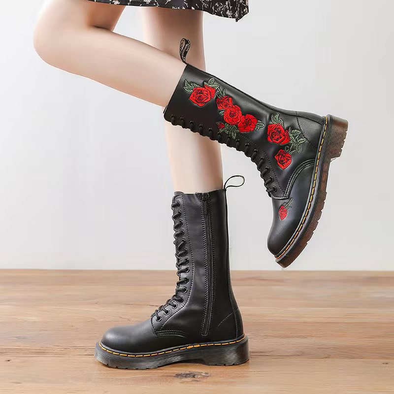 Women's British Motorcycle Long Round Toe Rose Large Women's Shoes