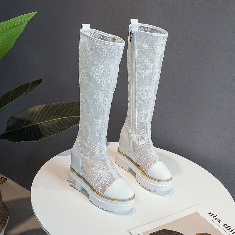 Women's White Embroidered Mesh Height Increasing Insole Thin Below The Knee Boots