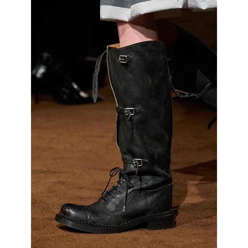 Women's Buckle Below The Knee Retro Lace Boots